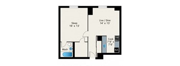 A floor plan of a room with a sleeping area, a washroom, a kitchen, and a live/dine area.