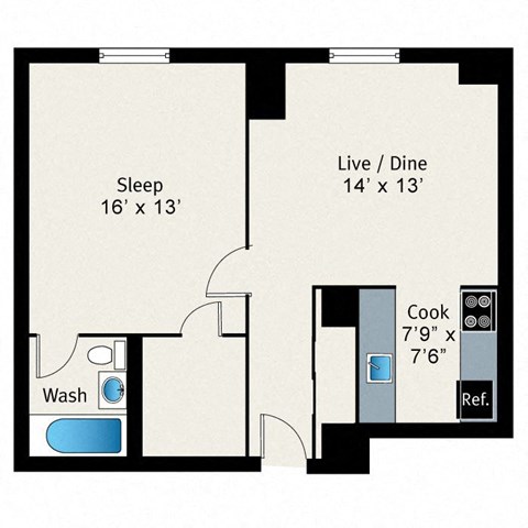 A floor plan of a room with a sleeping area, a washroom, a kitchen, and a live/dine area.