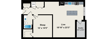 A floor plan of a room with a sleeping area, a living area, and a bathroom.