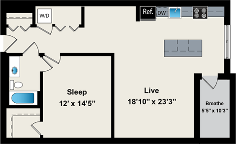 A floor plan of a room with a sleeping area, a living area, and a bathroom.