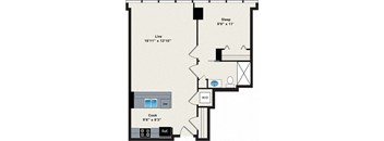 A floor plan of a small apartment with a sleeping area, a living area, a kitchen, and a bathroom.