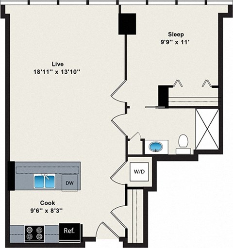 A floor plan of a small apartment with a sleeping area, a living area, a kitchen, and a bathroom.
