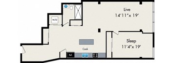 A floor plan of a one bedroom apartment with a living room, sleeping area, and a kitchen.