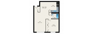 A floor plan of a small apartment with a sleeping area, a study/dining area, a kitchen, and a bathroom.