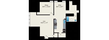 A floor plan of a room with a sleeping area, dining area, and a live area.