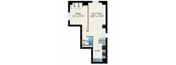 A floor plan of a room with a sleeping area, a live/dine area, a kitchen, and a bathroom.