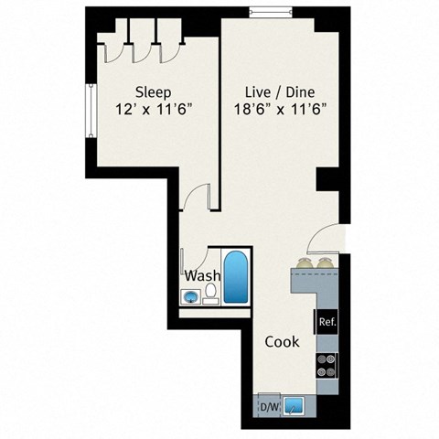 A floor plan of a room with a sleeping area, a live/dine area, a kitchen, and a bathroom.