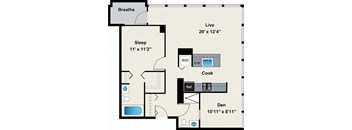 A floor plan of a small apartment with a sleeping area, a living area, a kitchen, and a bathroom.