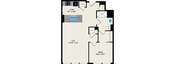 A floor plan shows a layout with a cooking area, a living area, and a sleeping area.