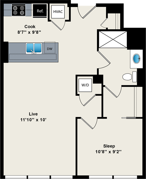 A floor plan shows a layout with a cooking area, a living area, and a sleeping area.