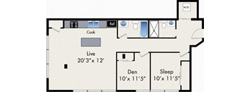 A floor plan of a house with a live area, a kitchen, a den, a sleep area, and a workspace.