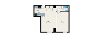 A floor plan of a house with a living room, sleeping area, and a kitchen.