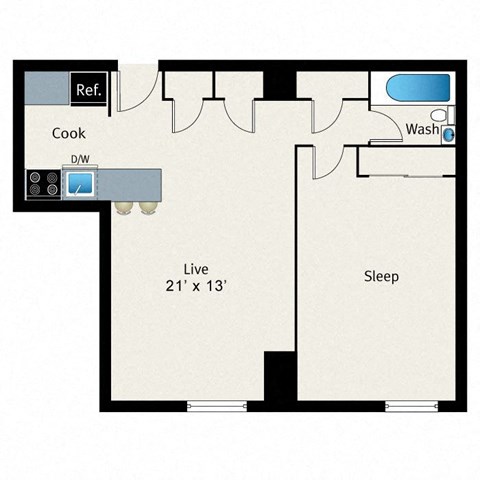 A floor plan of a house with a living room, sleeping area, and a kitchen.