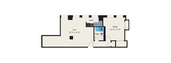 A floor plan of a small apartment with a sleeping area, a kitchen, a bathroom, and a living room.