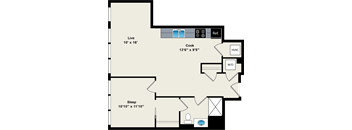 A floor plan of a house with a living room, kitchen, and bedroom.