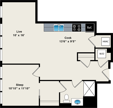 A floor plan of a house with a living room, kitchen, and bedroom.