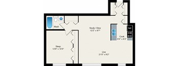 A floor plan of a room with a washbasin, study/dine area, sleeping area, and a live area.