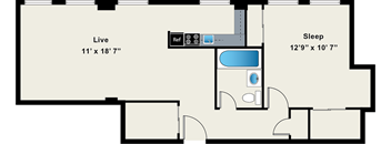 A floor plan shows a living area of 11' x 18' and a sleeping area of 12'9" x 10'7".