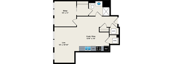 A floor plan of a room with a sleeping area, a kitchen/dining area, and a living area.