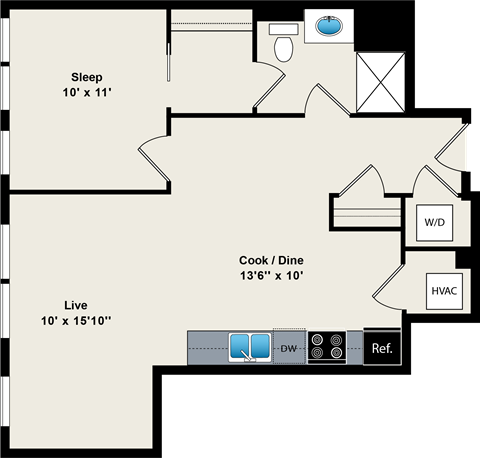 A floor plan of a room with a sleeping area, a kitchen/dining area, and a living area.
