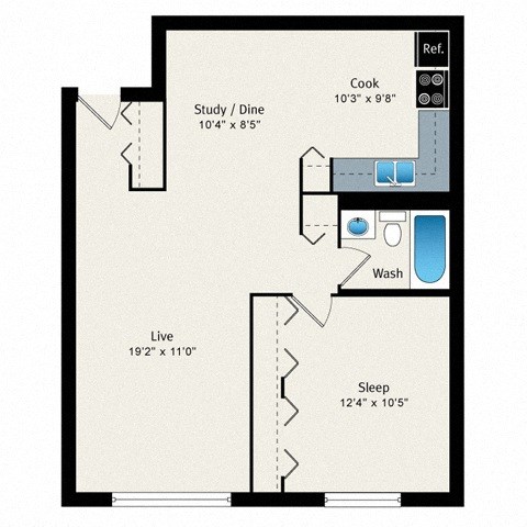 A floor plan of a small apartment with a sleeping area, a study/dining area, a kitchen, and a bathroom.