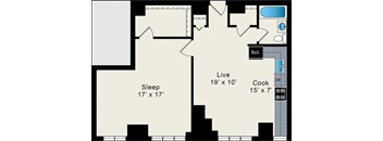 A floor plan of a house with a sleeping area, a living area, a kitchen, and a reference area.