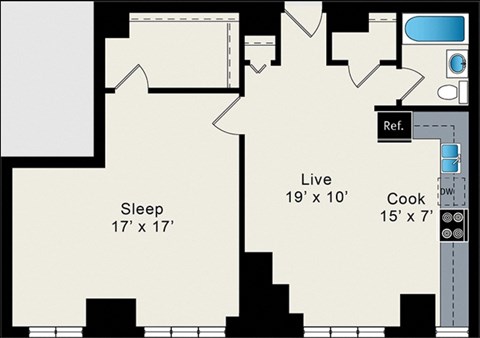A floor plan of a house with a sleeping area, a living area, a kitchen, and a reference area.