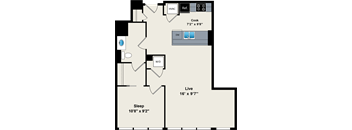 A floor plan shows a layout with a sleeping area, a kitchen, a living room, and a bathroom.