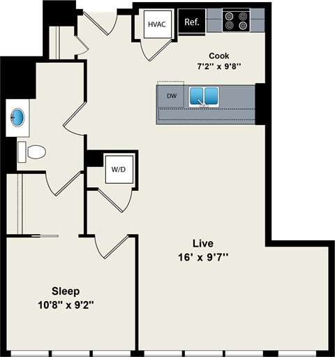 A floor plan shows a layout with a sleeping area, a kitchen, a living room, and a bathroom.