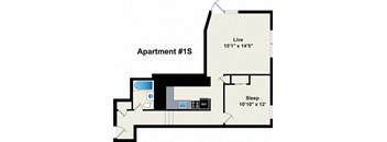 Apartment #1S has a living area of 15'1" x 14'5" and a sleeping area of 10'10" x 12'.