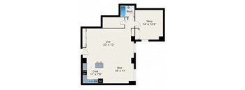 A floor plan of a small apartment with a sleeping area, a live area, a dining area, and a kitchen.