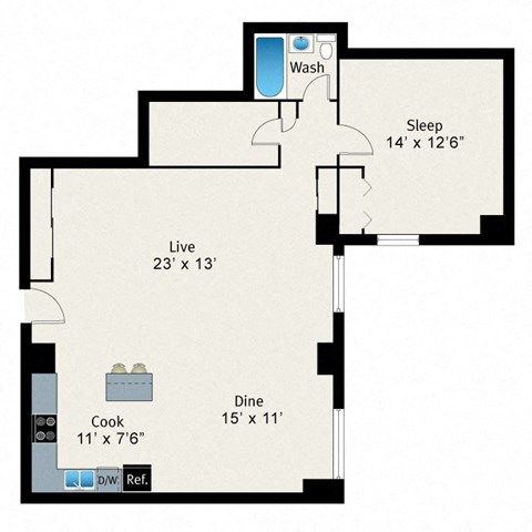 A floor plan of a small apartment with a sleeping area, a live area, a dining area, and a kitchen.
