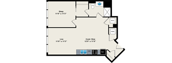 A floor plan of a room with a sleeping area, a live area, a kitchen, a washer and dryer, and a reference area.