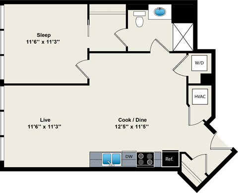 A floor plan of a room with a sleeping area, a live area, a kitchen, a washer and dryer, and a reference area.