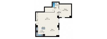 A floor plan of a small apartment with a sleeping area, a live area, a dining area, and a kitchen.