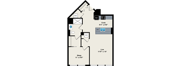 A floor plan of a house with a kitchen, living room, and two bedrooms.