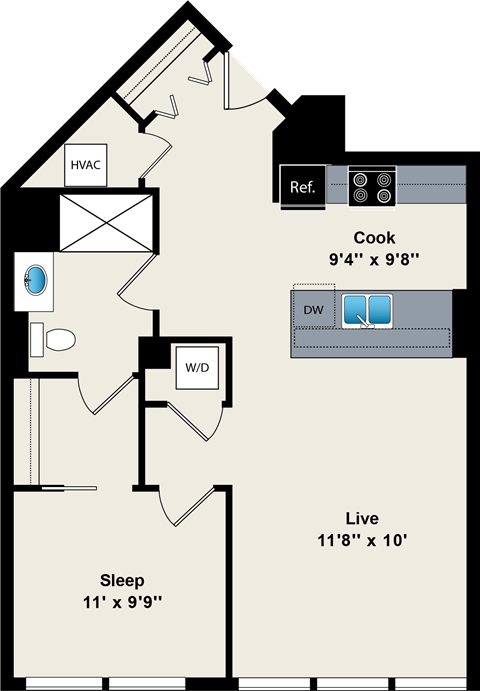 A floor plan of a house with a kitchen, living room, and two bedrooms.