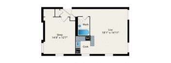 A floor plan of a room with a sleeping area, a washroom, a reference area, and a cooking area.