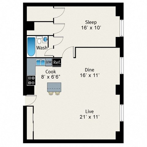 A floor plan of a room with a sleeping area, a dining area, a cooking area, and a live area.