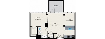 A floor plan of a house with a sleeping area, a living area, a dining area, a bathroom, a kitchen, a laundry area, and a closet.