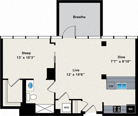 A floor plan of a house with a sleeping area, a living area, a dining area, a bathroom, a kitchen, a laundry area, and a closet.