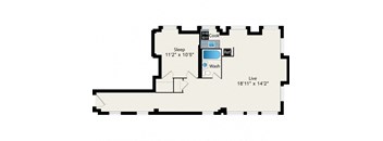 A floor plan of a room with a sleeping area, a kitchen, a bathroom, and a living area.