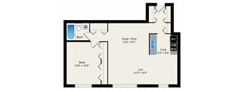 A floor plan of a small apartment with a sleeping area, a study/dining area, a kitchen, and a bathroom.