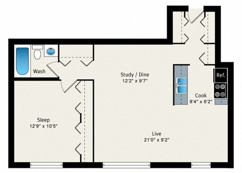 A floor plan of a small apartment with a sleeping area, a study/dining area, a kitchen, and a bathroom.