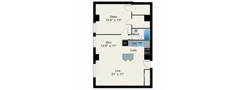 A floor plan of a room with a sleeping area, a dining area, a kitchen, and a living area.