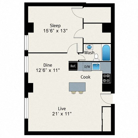 A floor plan of a room with a sleeping area, a dining area, a kitchen, and a living area.