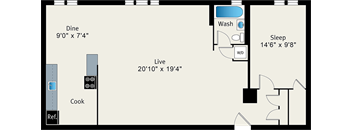 A floor plan of a small apartment with a sleeping area, a kitchen, a dining area, and a living room.