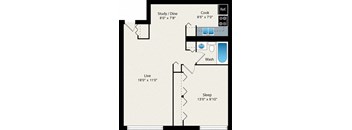 A floor plan of a room with a study/dine area, a kitchen, a washroom, a living area, and a sleeping area.