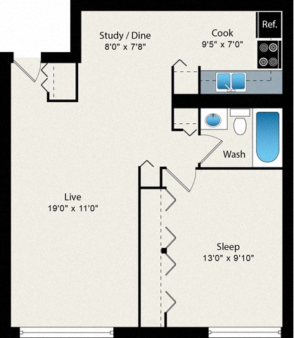 A floor plan of a room with a study/dine area, a kitchen, a washroom, a living area, and a sleeping area.