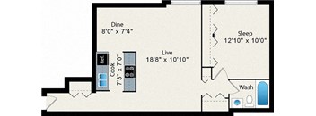 A floor plan of a small apartment with a living room, a dining room, a sleeping area, and a kitchen.